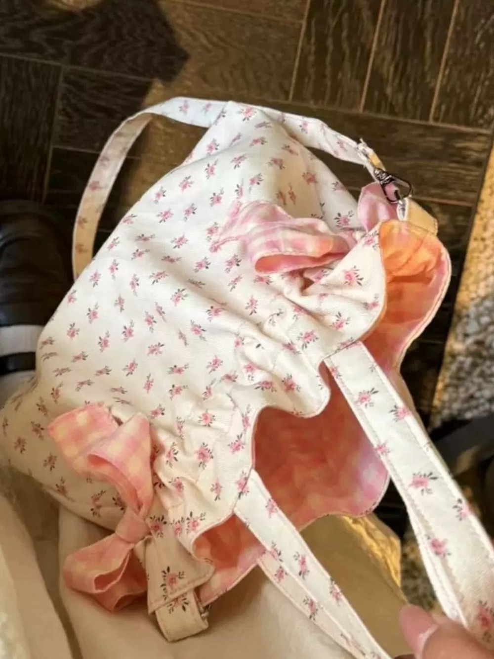 Pink Floral Tote with Gingham Bow Accents - Picture 3 of 3
